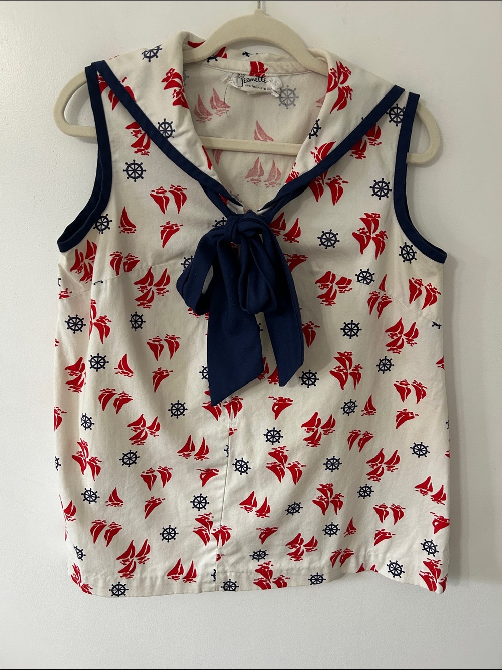 Vintage Jeanette Maternity Top Nautical Sailor Tie-Front Novelty Print Blouse